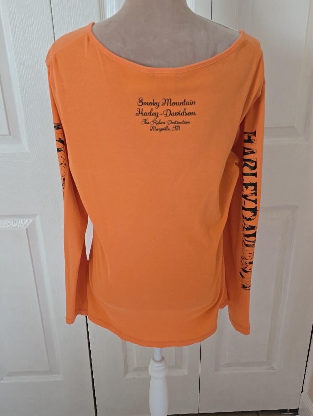 Womens XL Harley-Davidson Orange Long-Sleeve Henley with Skull Logo - Picture 6 of 11